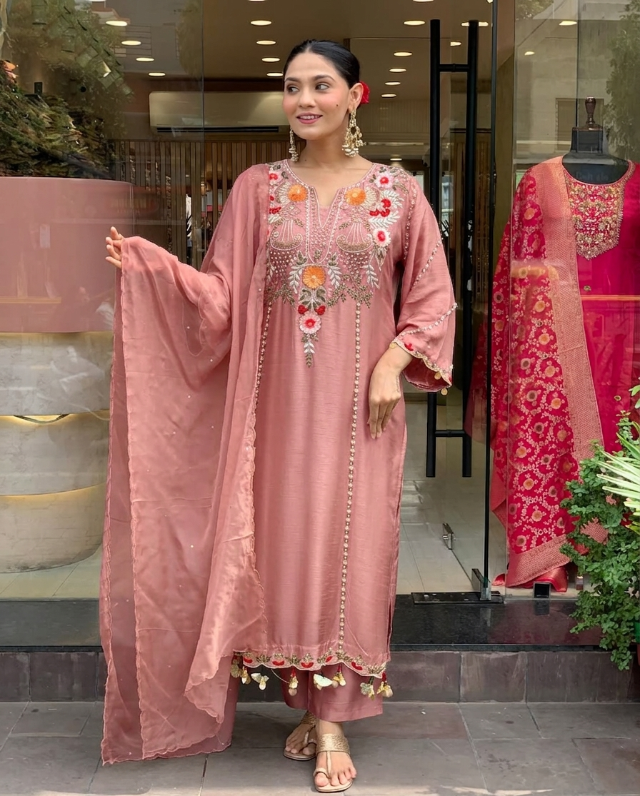 Peach Chanderi Embroidered Kurti Set