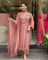 Peach Chanderi Embroidered Kurti Set