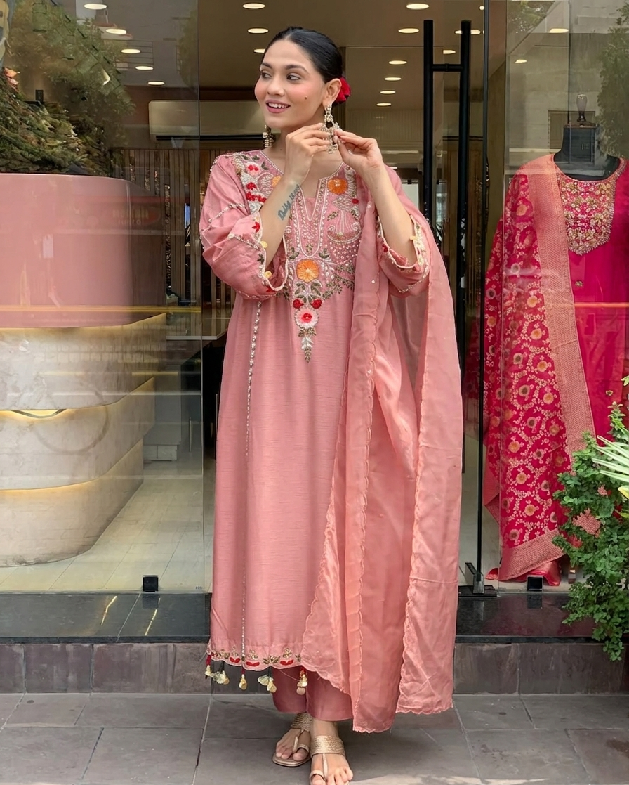 Peach Chanderi Embroidered Kurti Set