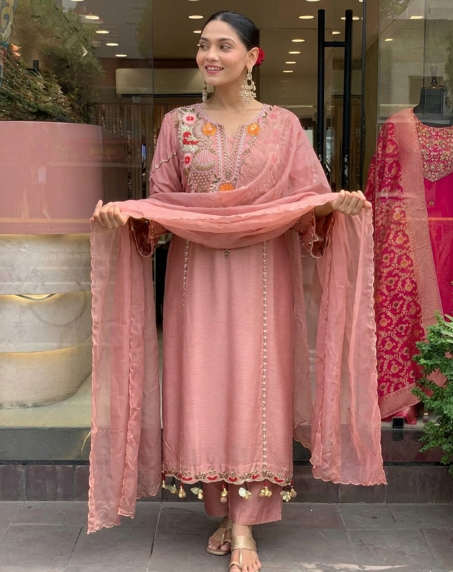 Peach Chanderi Embroidered Kurti Set