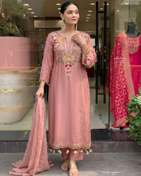 Peach Chanderi Embroidered Kurti Set
