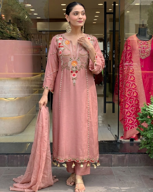 Peach Chanderi Embroidered Kurti Set