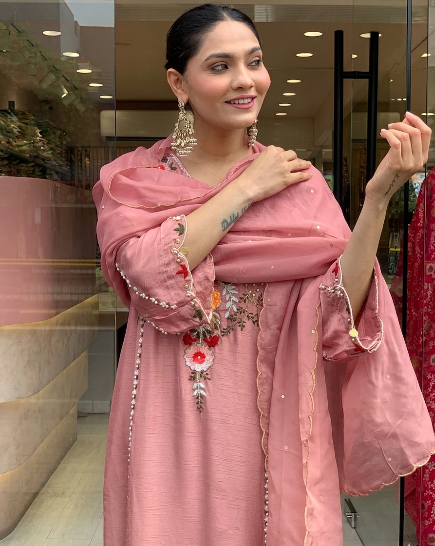 Peach Chanderi Embroidered Kurti Set
