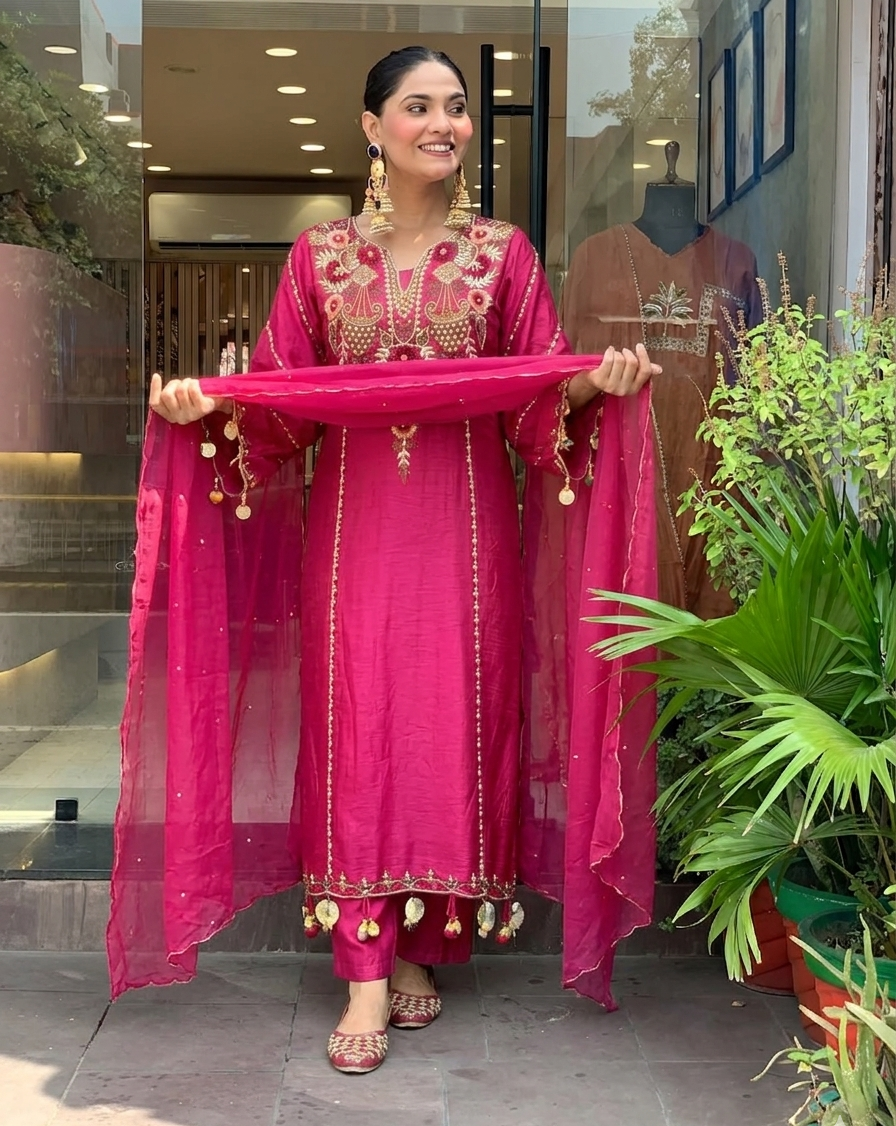 Pink Chanderi Embroidered Kurti Set
