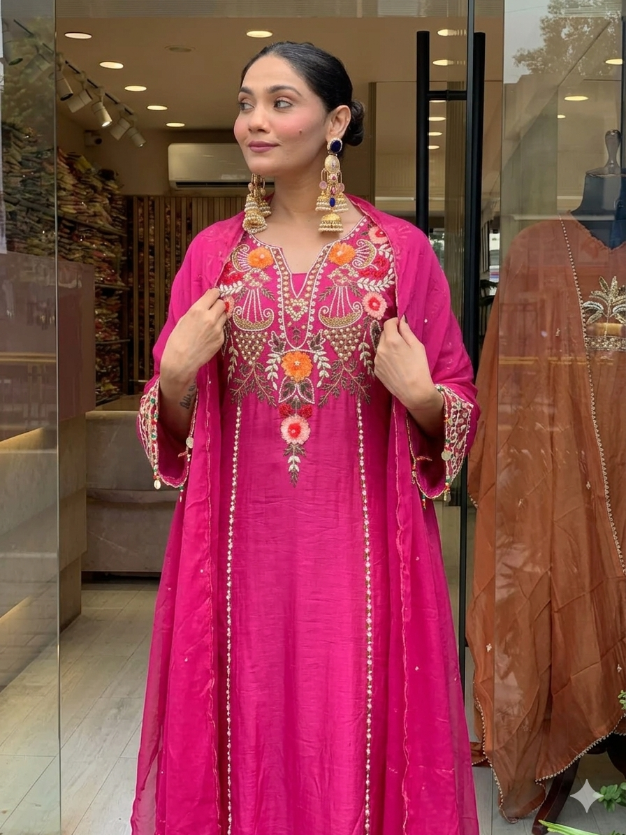 Pink Chanderi Embroidered Kurti Set