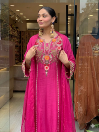 Pink Chanderi Embroidered Kurti Set
