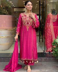 Pink Chanderi Embroidered Kurti Set