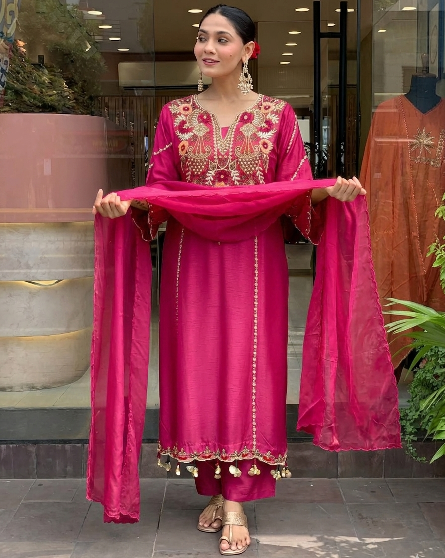 Pink Chanderi Embroidered Kurti Set