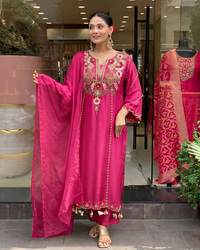 Pink Chanderi Embroidered Kurti Set