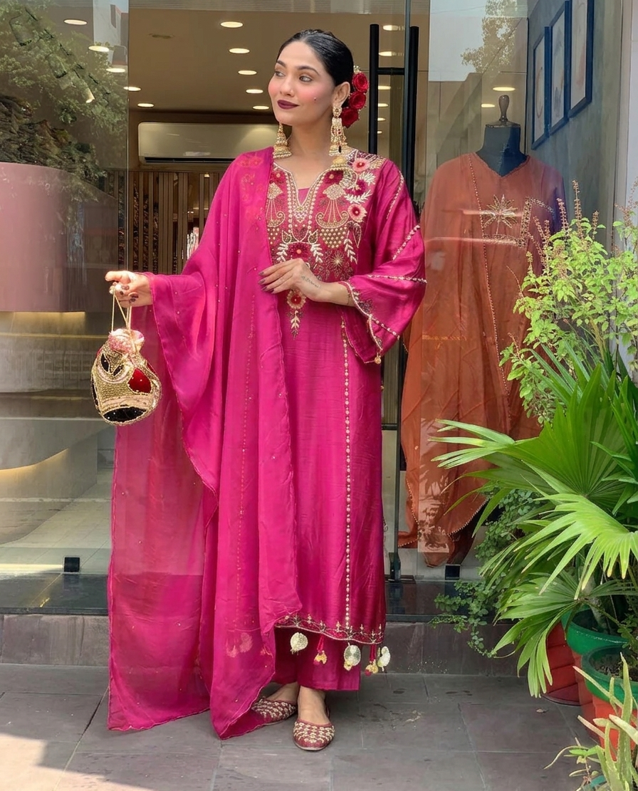 Pink Chanderi Embroidered Kurti Set