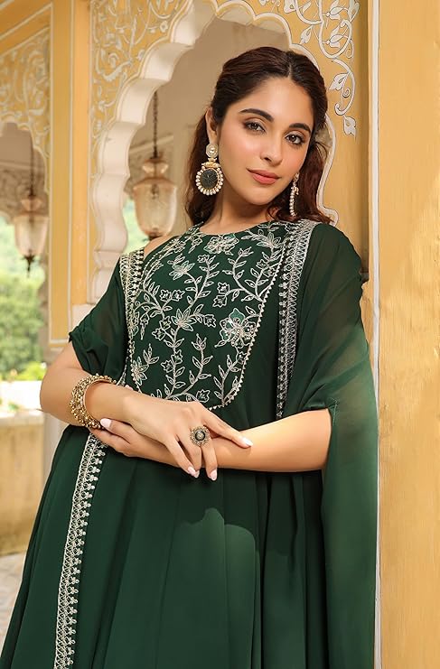 Dark Green Embroidered Georgette Anarkali Dress