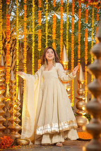Cream Chinnon Foil Print Kurti Palazzo Set