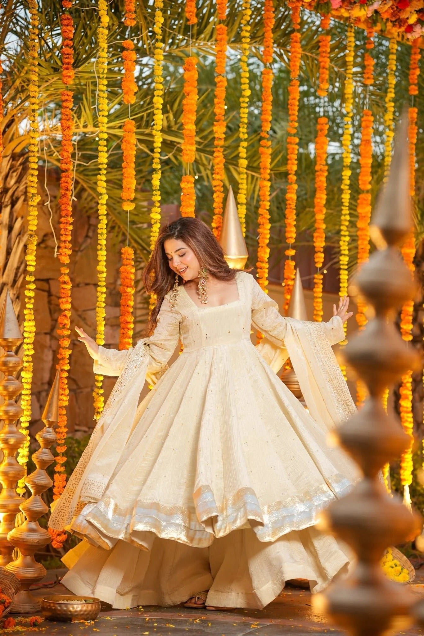 Cream Chinnon Foil Print Kurti Palazzo Set