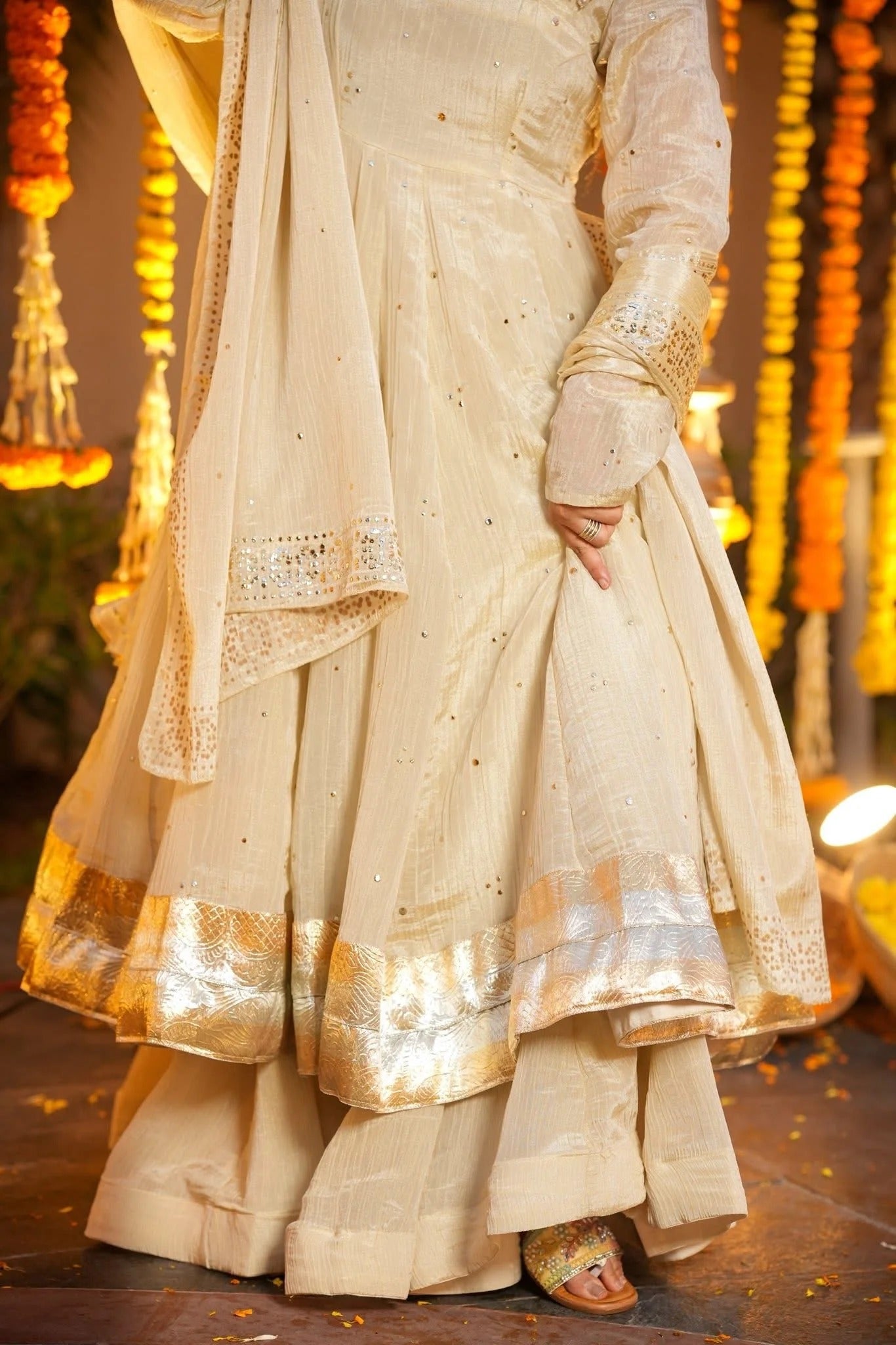 Cream Chinnon Foil Print Kurti Palazzo Set