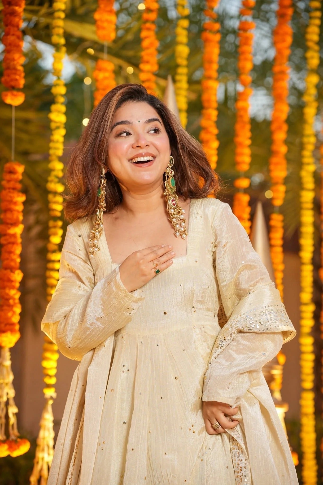 Cream Chinnon Foil Print Kurti Palazzo Set