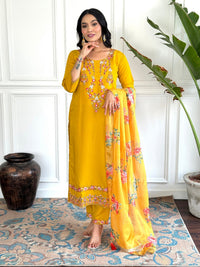 Yellow Embroidered Chinon Suit Set