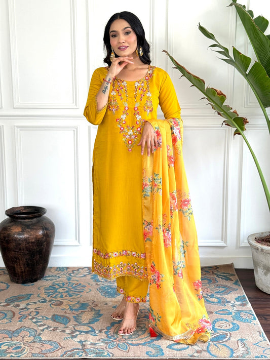 Yellow Embroidered Chinon Suit Set