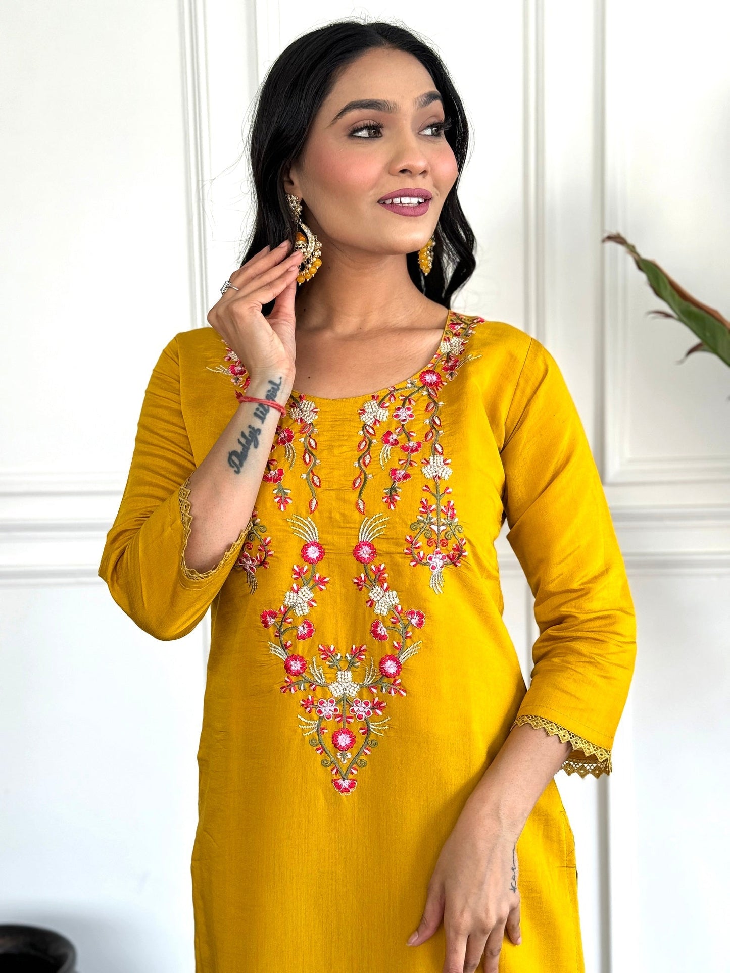 Yellow Embroidered Chinon Suit Set