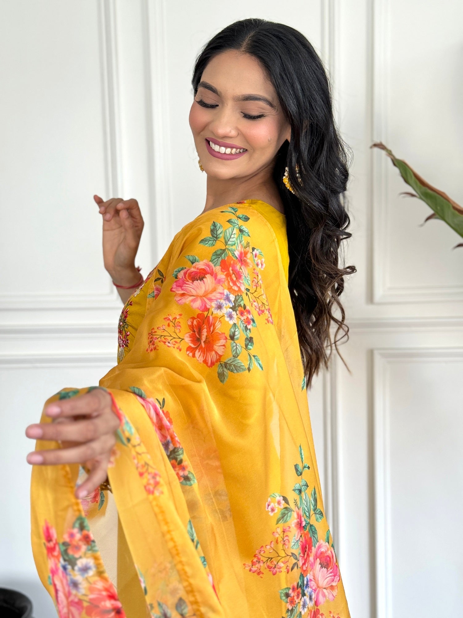 Yellow Embroidered Chinon Suit Set