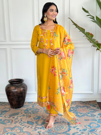 Yellow Embroidered Chinon Suit Set