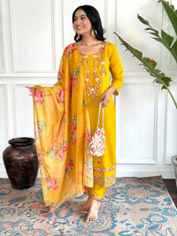 Yellow Embroidered Chinon Suit Set