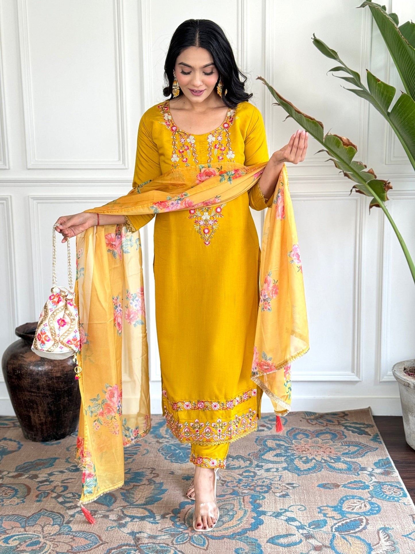 Yellow Embroidered Chinon Suit Set