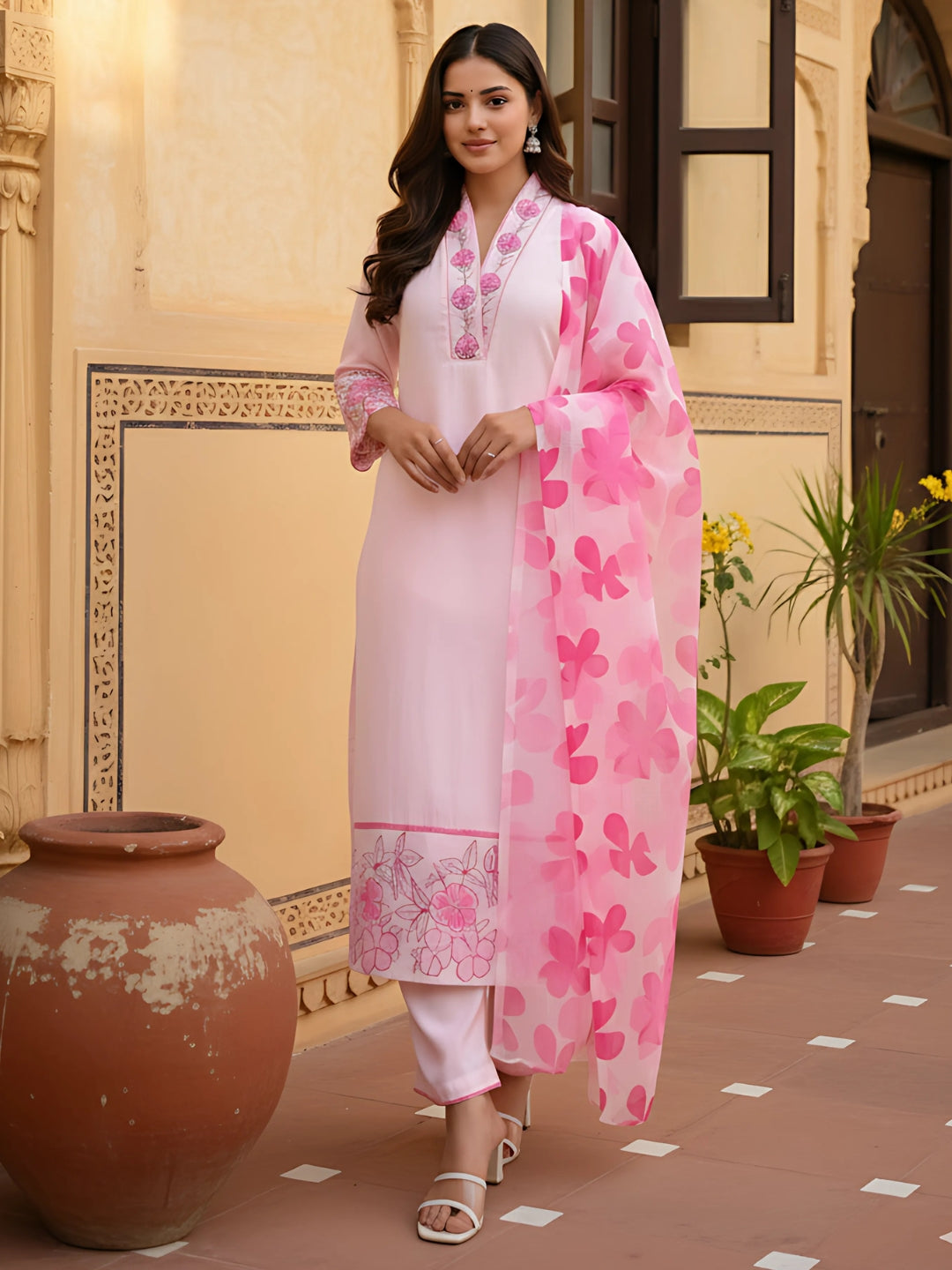 Pink Chanderi Embroidered Kurta Set