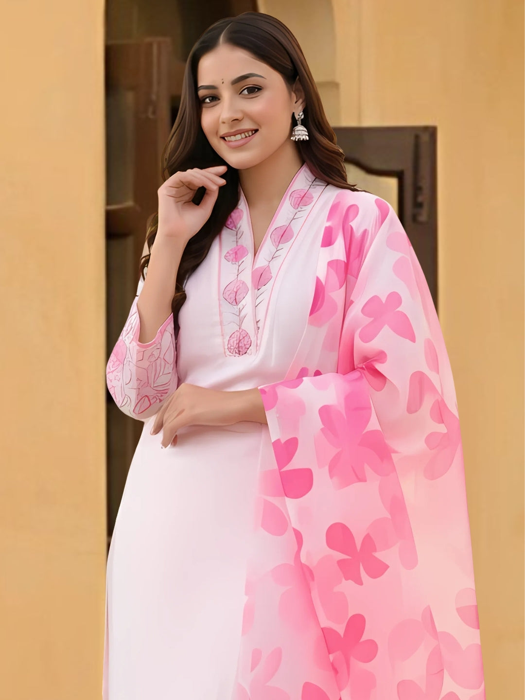 Pink Chanderi Embroidered Kurta Set