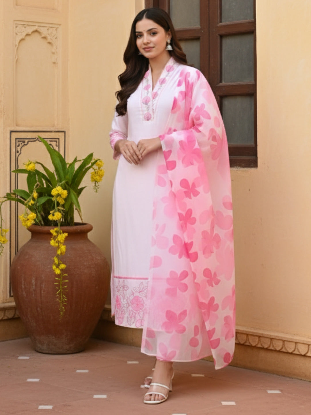 Pink Chanderi Embroidered Kurta Set
