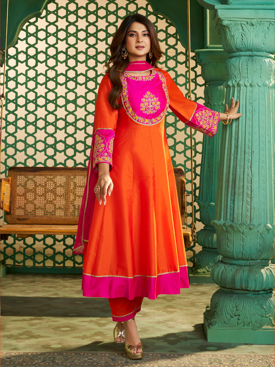 Orange Chanderi Cotton Embroidered Kurti Set