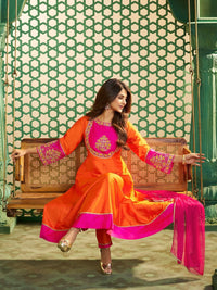 Orange Chanderi Cotton Embroidered Kurti Set