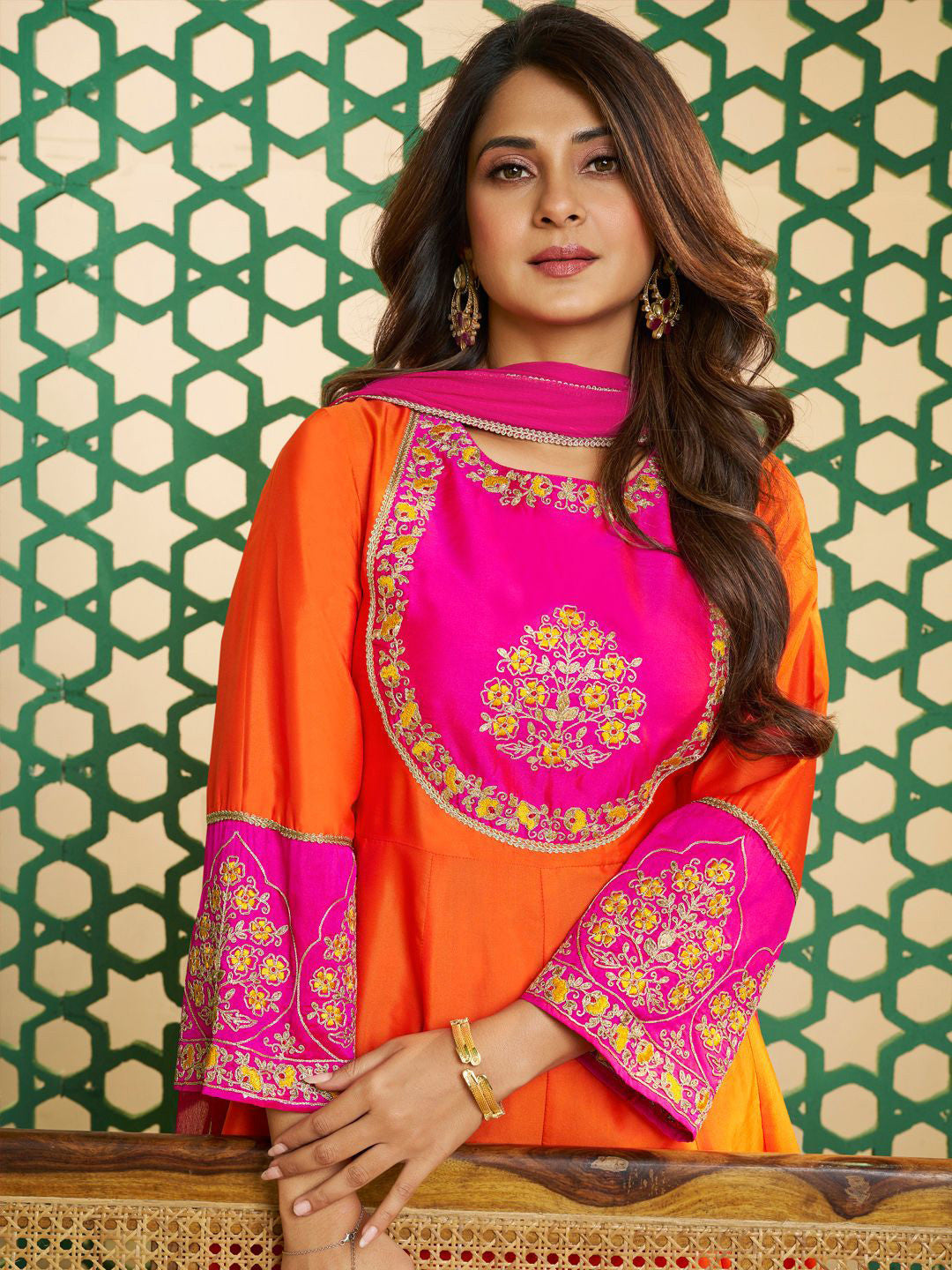 Orange Chanderi Cotton Embroidered Kurti Set