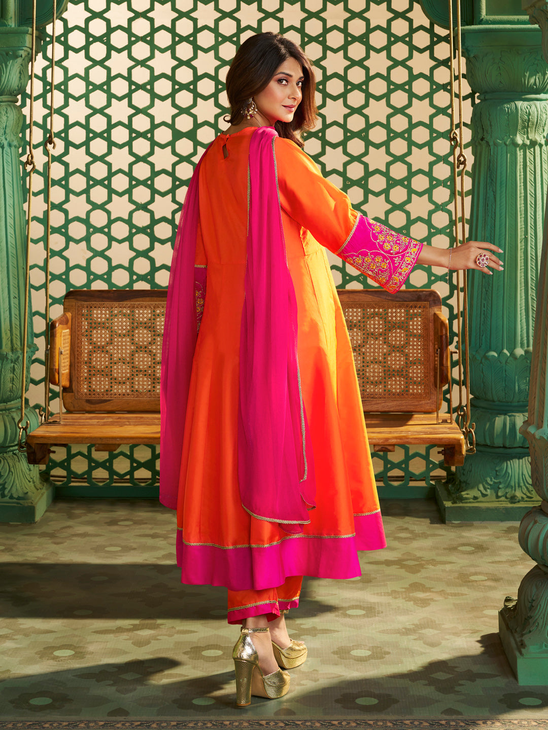 Orange Chanderi Cotton Embroidered Kurti Set