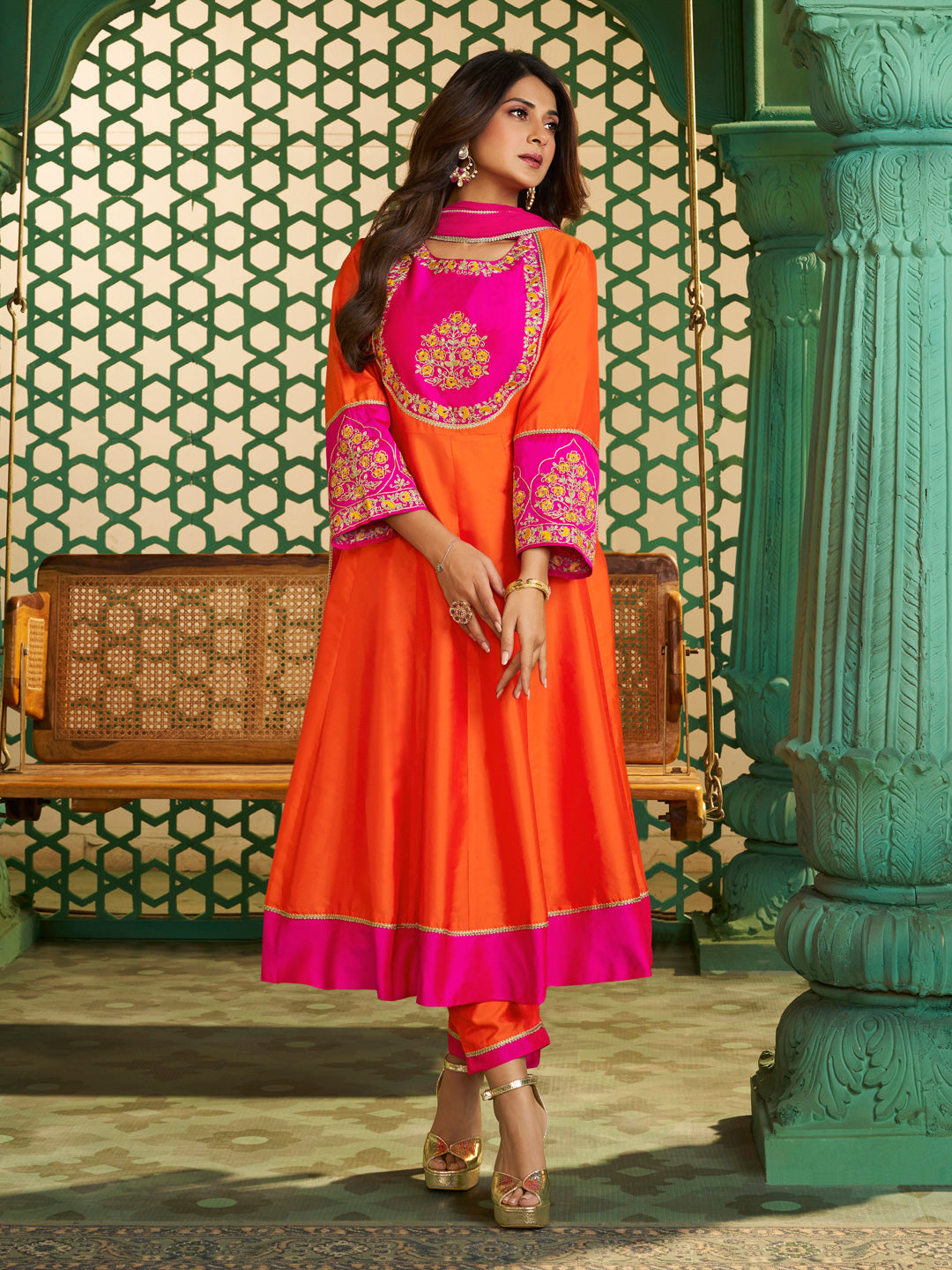 Orange Chanderi Cotton Embroidered Kurti Set