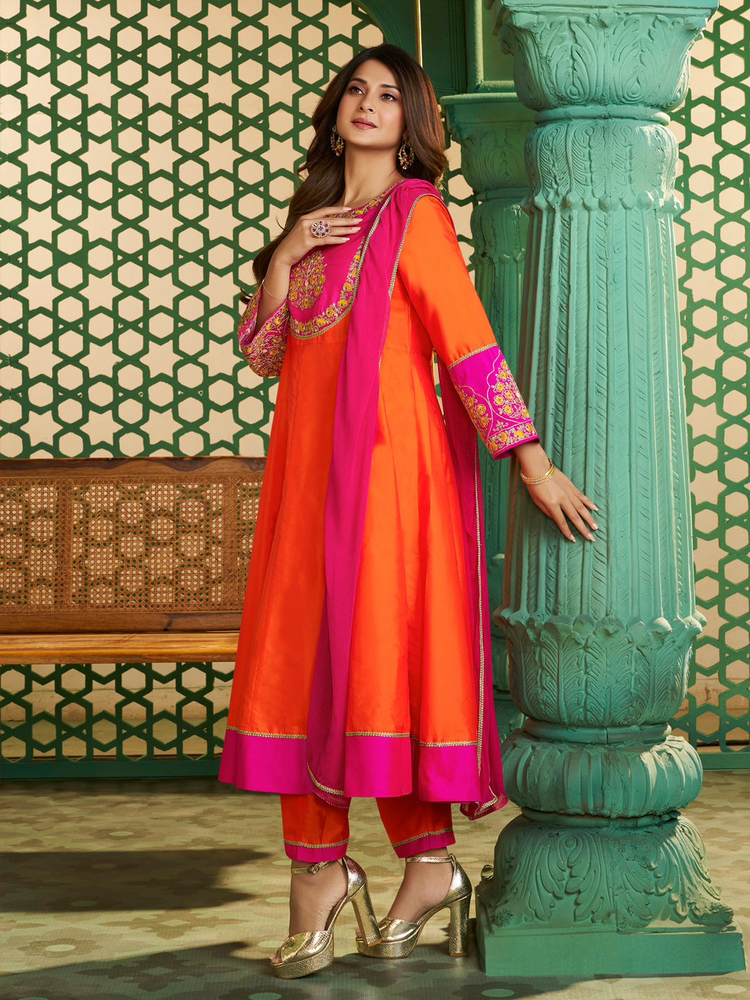 Orange Chanderi Cotton Embroidered Kurti Set