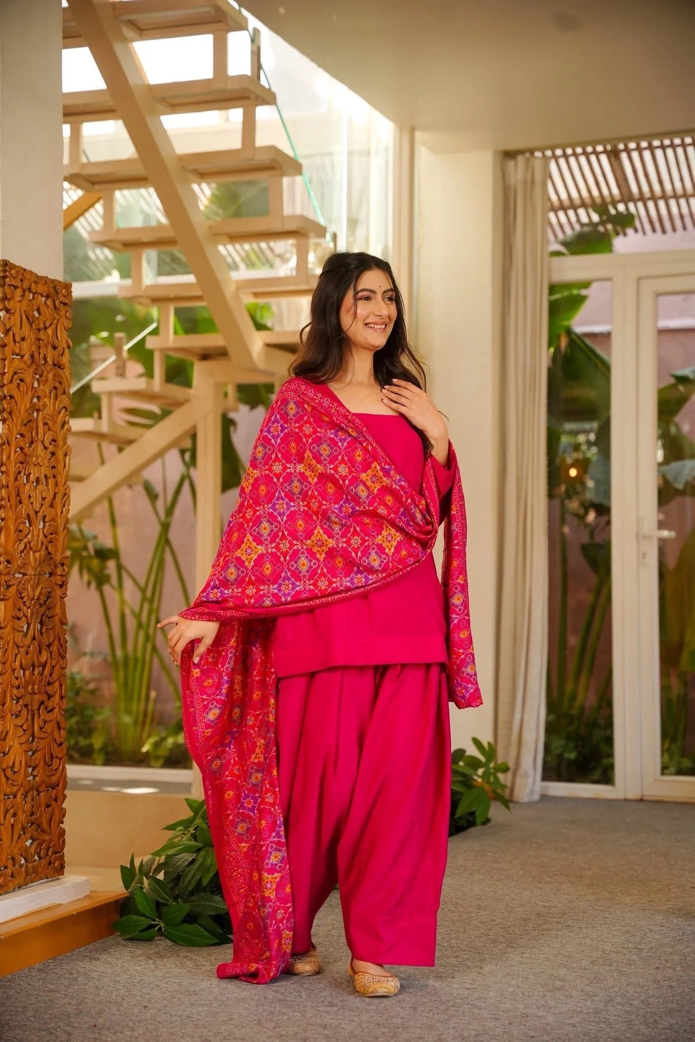 Pink Rani Silk Crepe Gharara Set