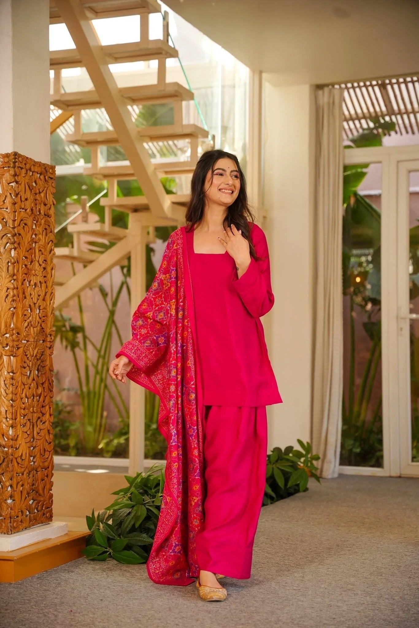 Pink Rani Silk Crepe Gharara Set