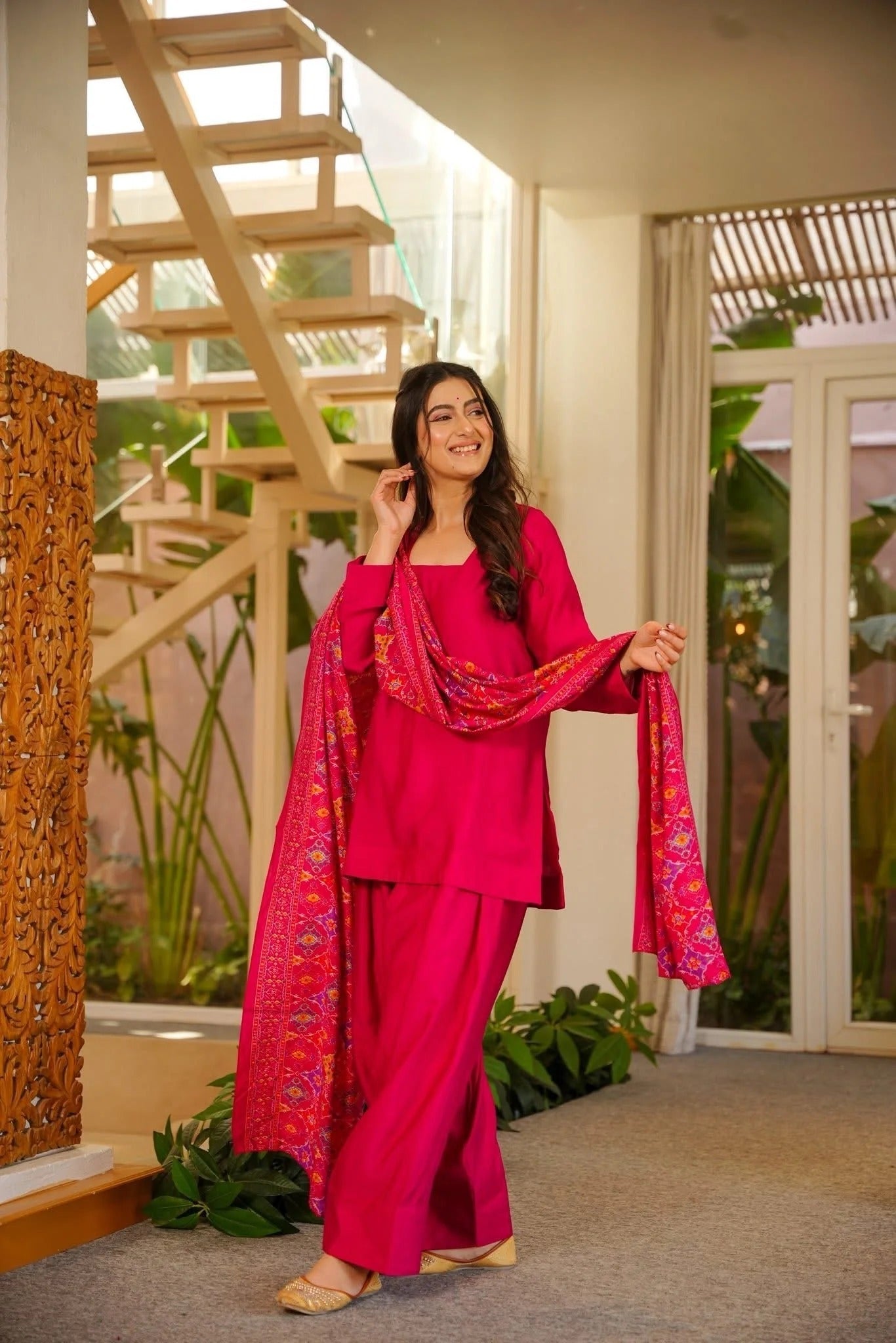 Pink Rani Silk Crepe Gharara Set