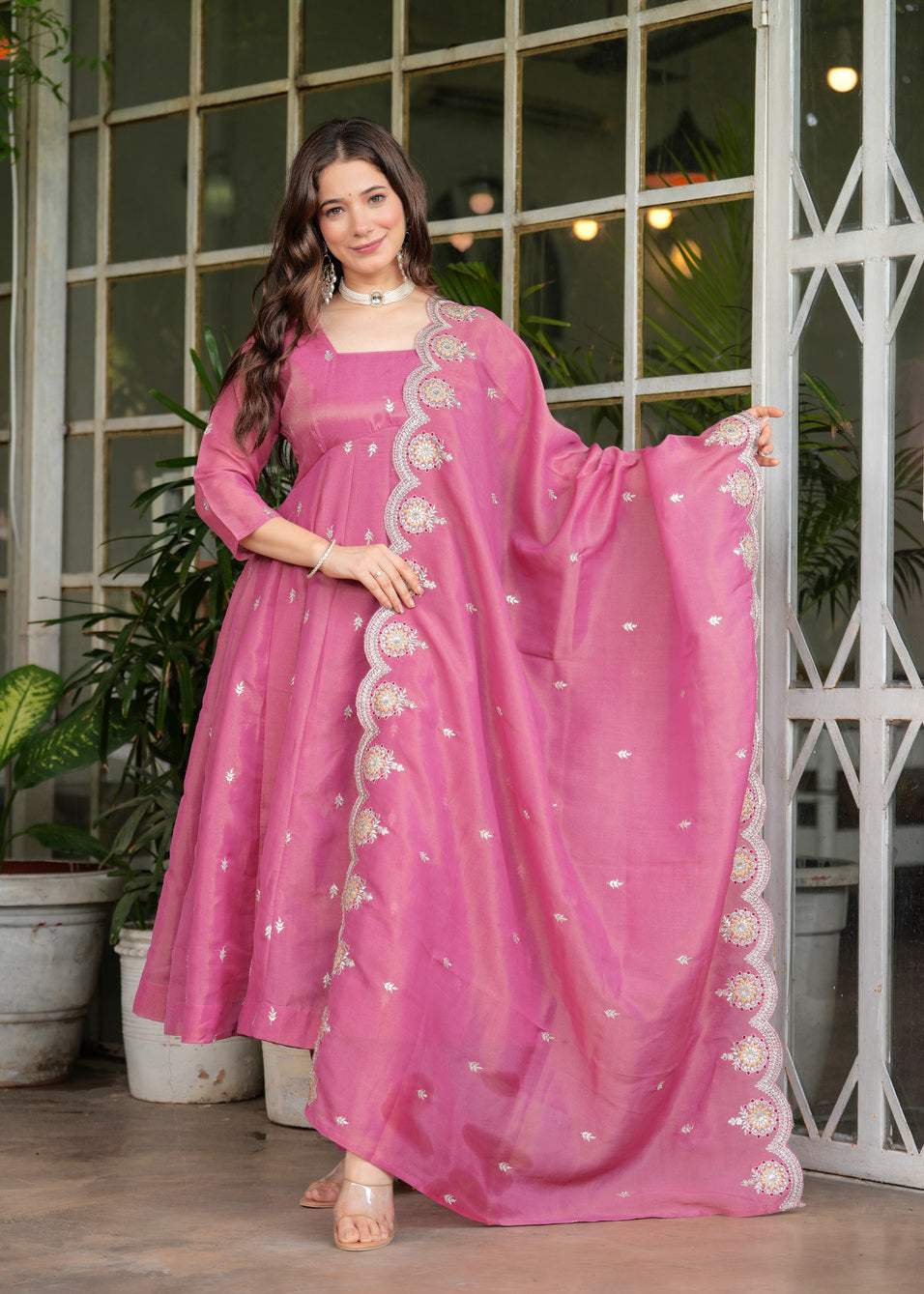 Pink Royale Embroidered Chanderi Anarkali Set