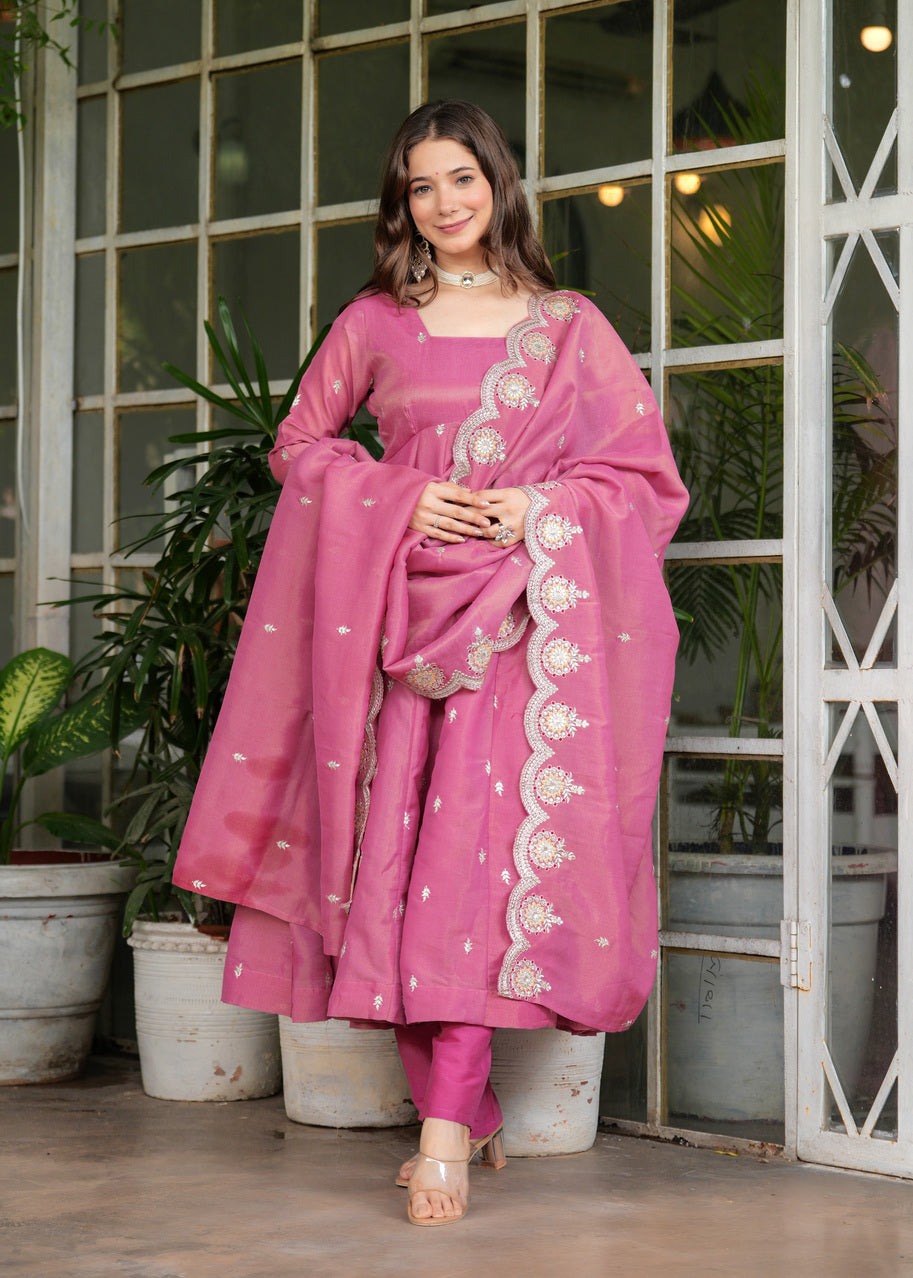 Pink Royale Embroidered Chanderi Anarkali Set