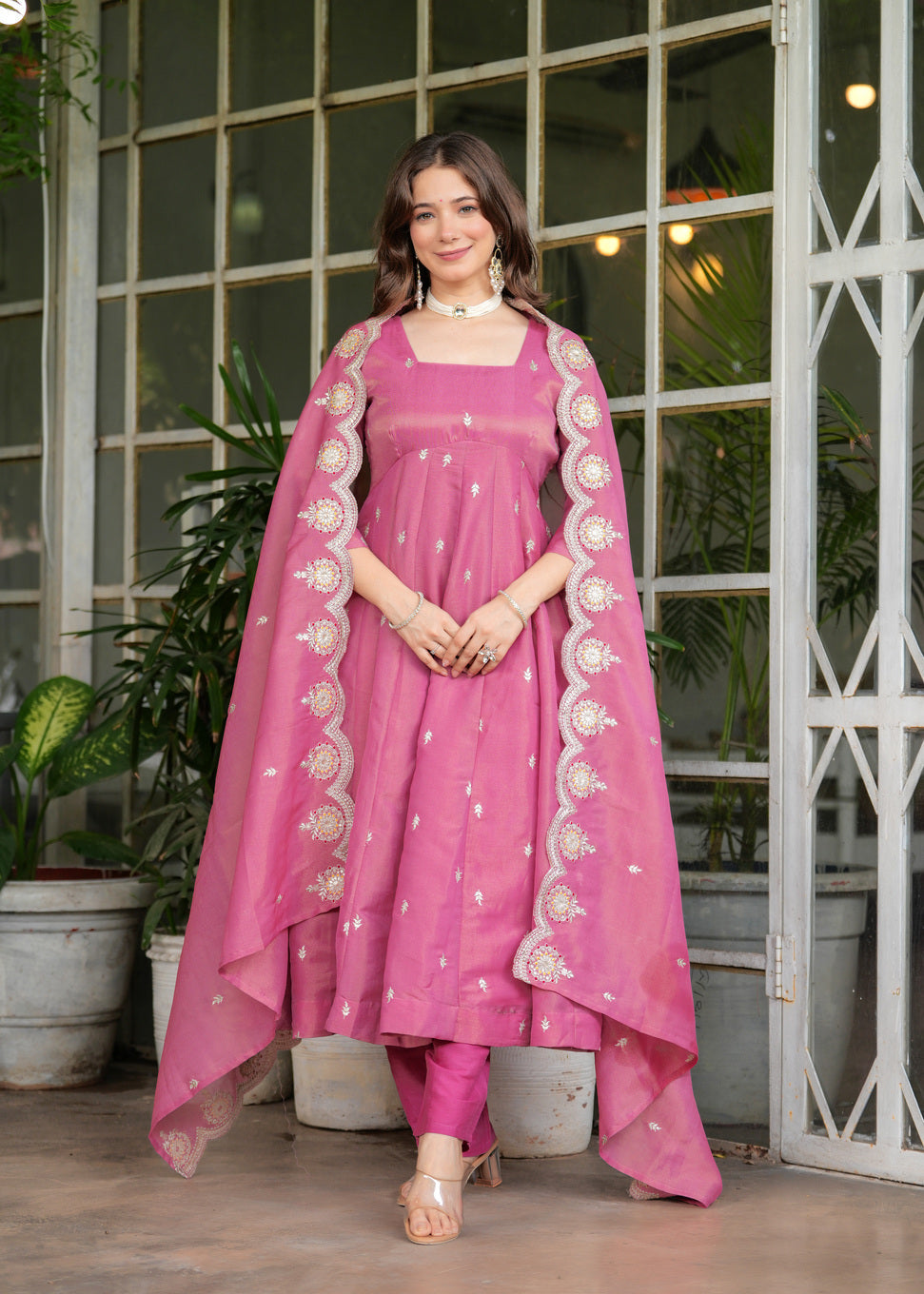 Pink Royale Embroidered Chanderi Anarkali Set