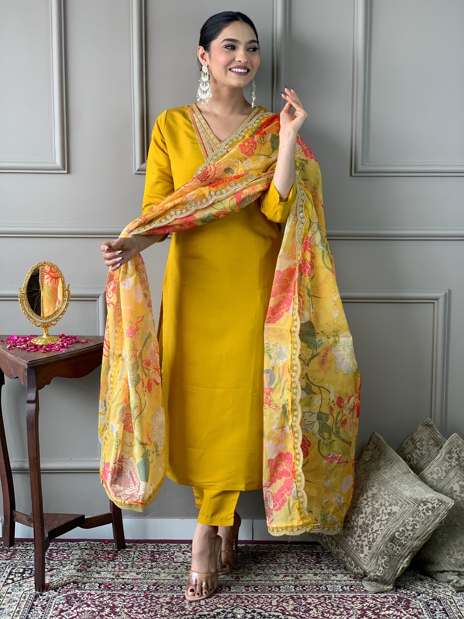 Zafrina Mustard Chanderi Suit Set