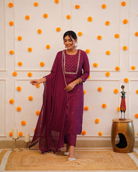 Maroon Mehira Embroidered Rayon Suit Set