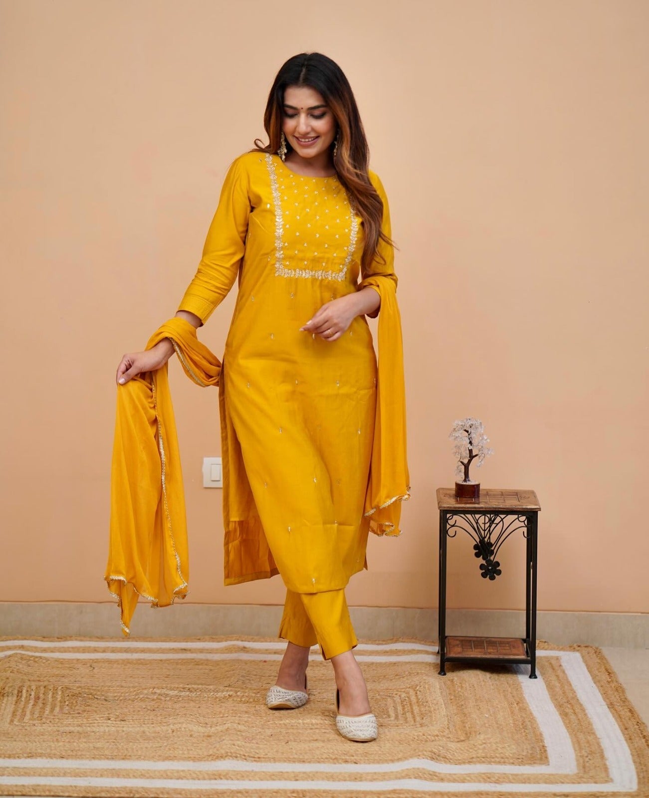 Yellow Mehira Embroidered Rayon Suit Set