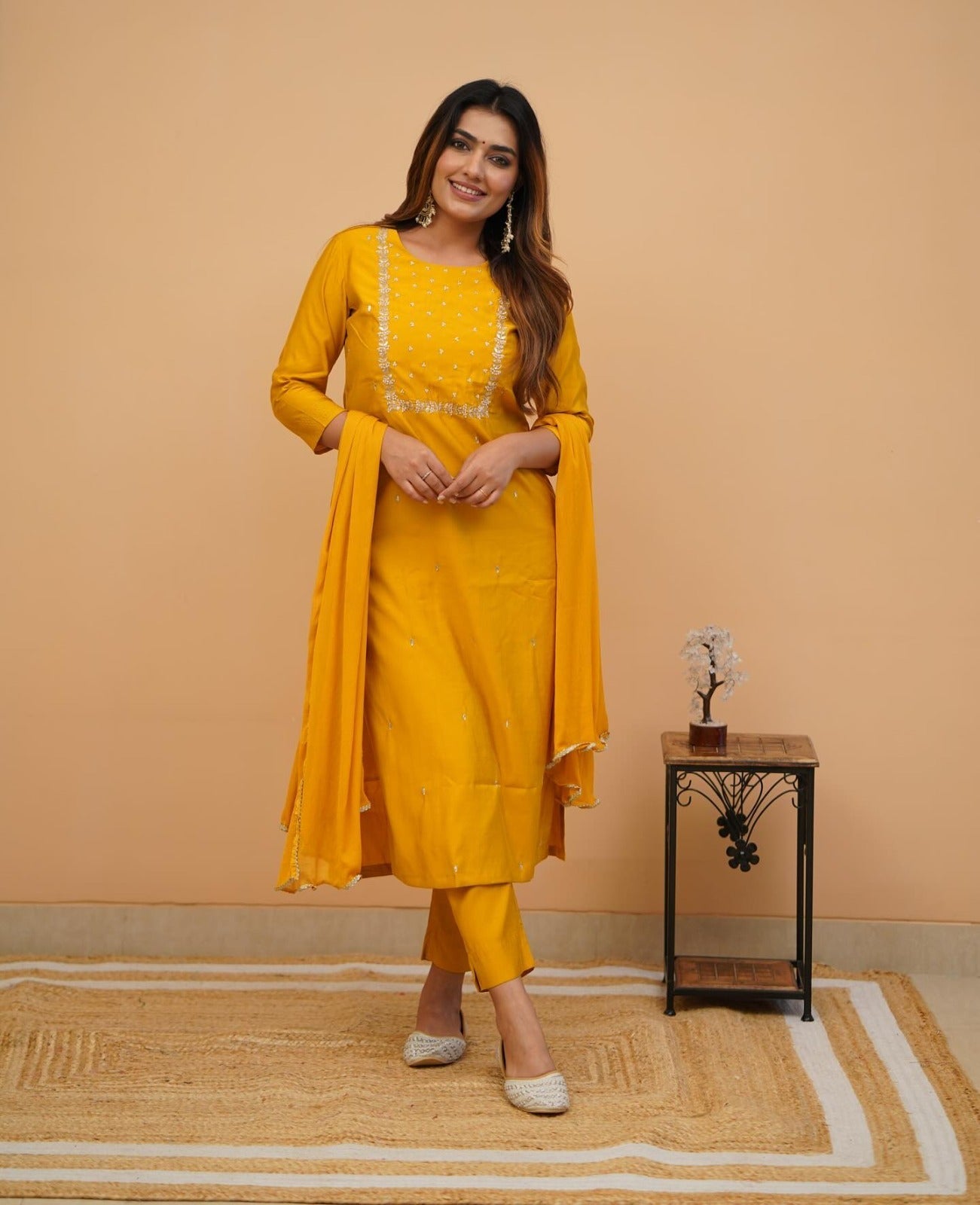 Yellow Mehira Embroidered Rayon Suit Set