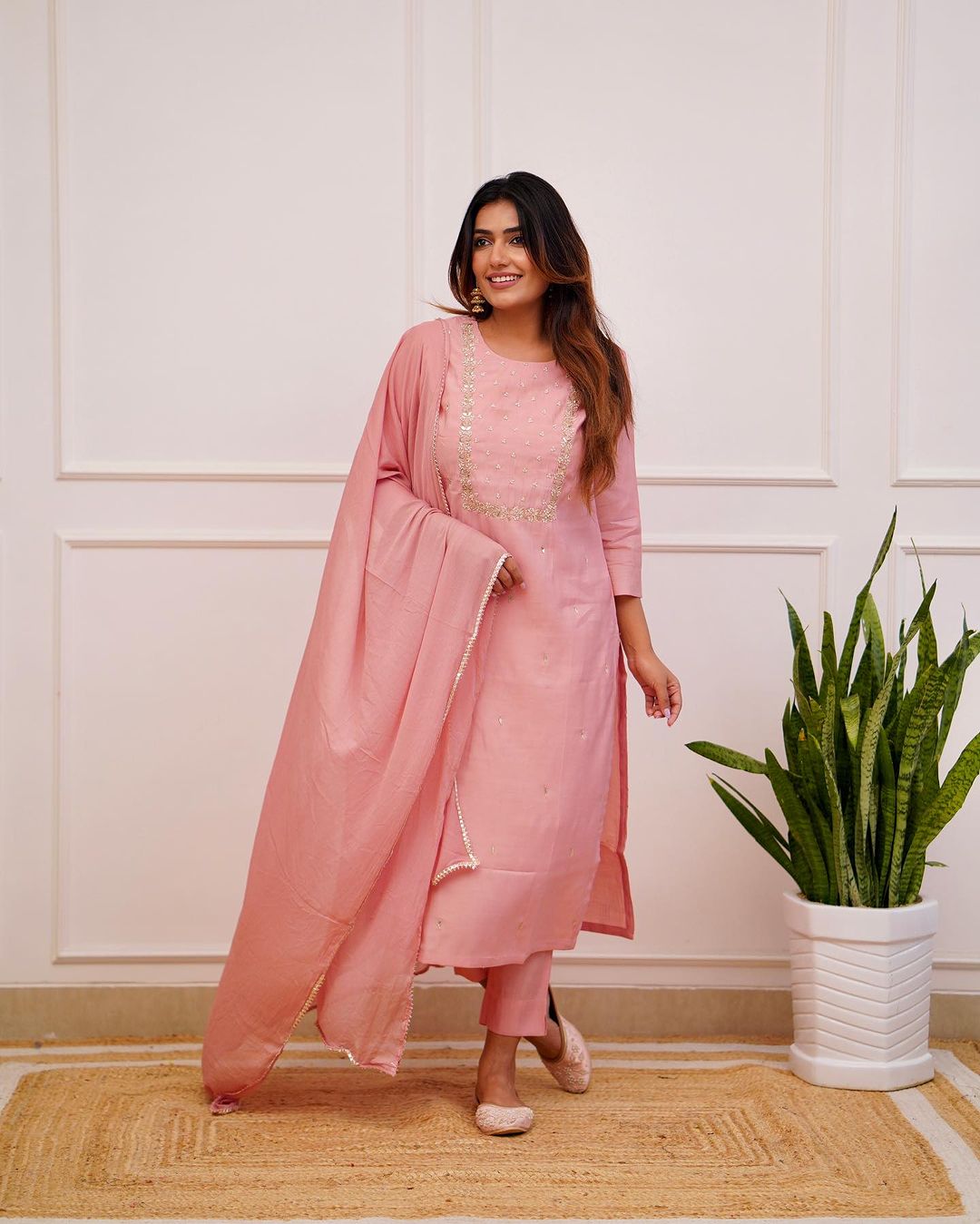 Pink Mehira Embroidered Rayon Suit Set