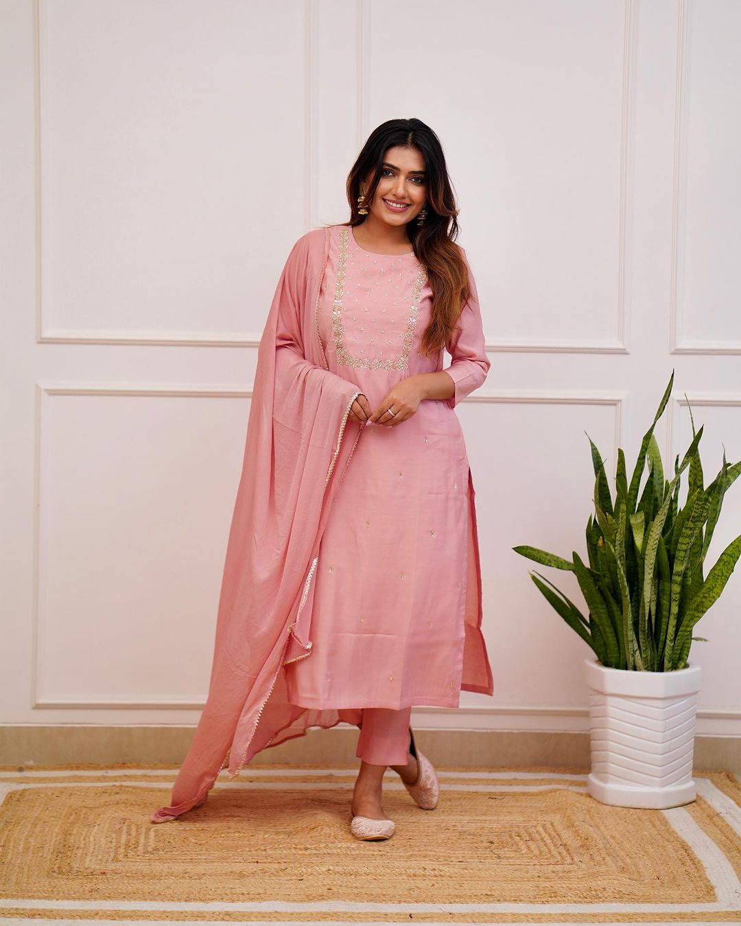 Pink Mehira Embroidered Rayon Suit Set