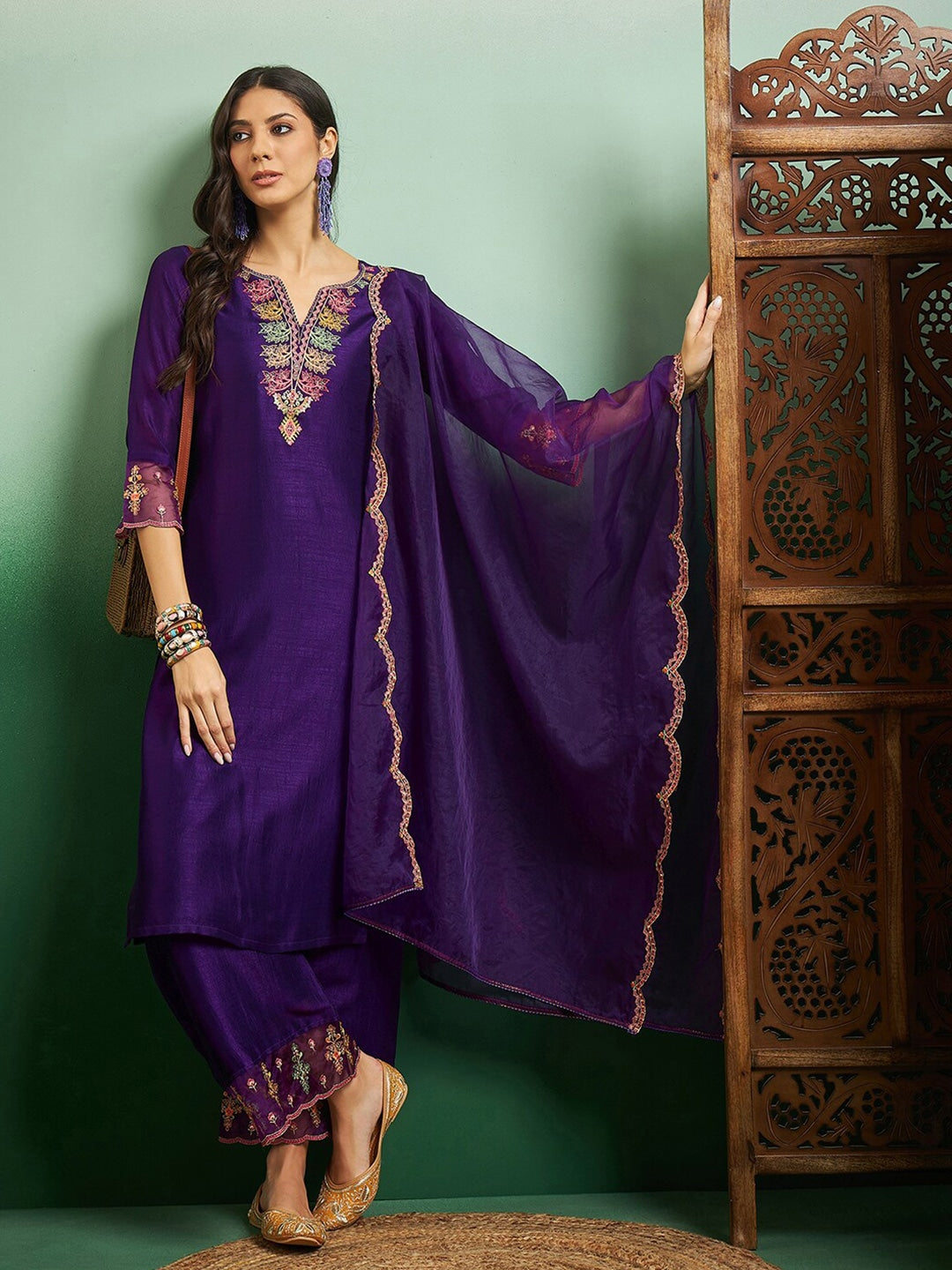 Nooraya Purple Embroidered Chanderi Suit Set