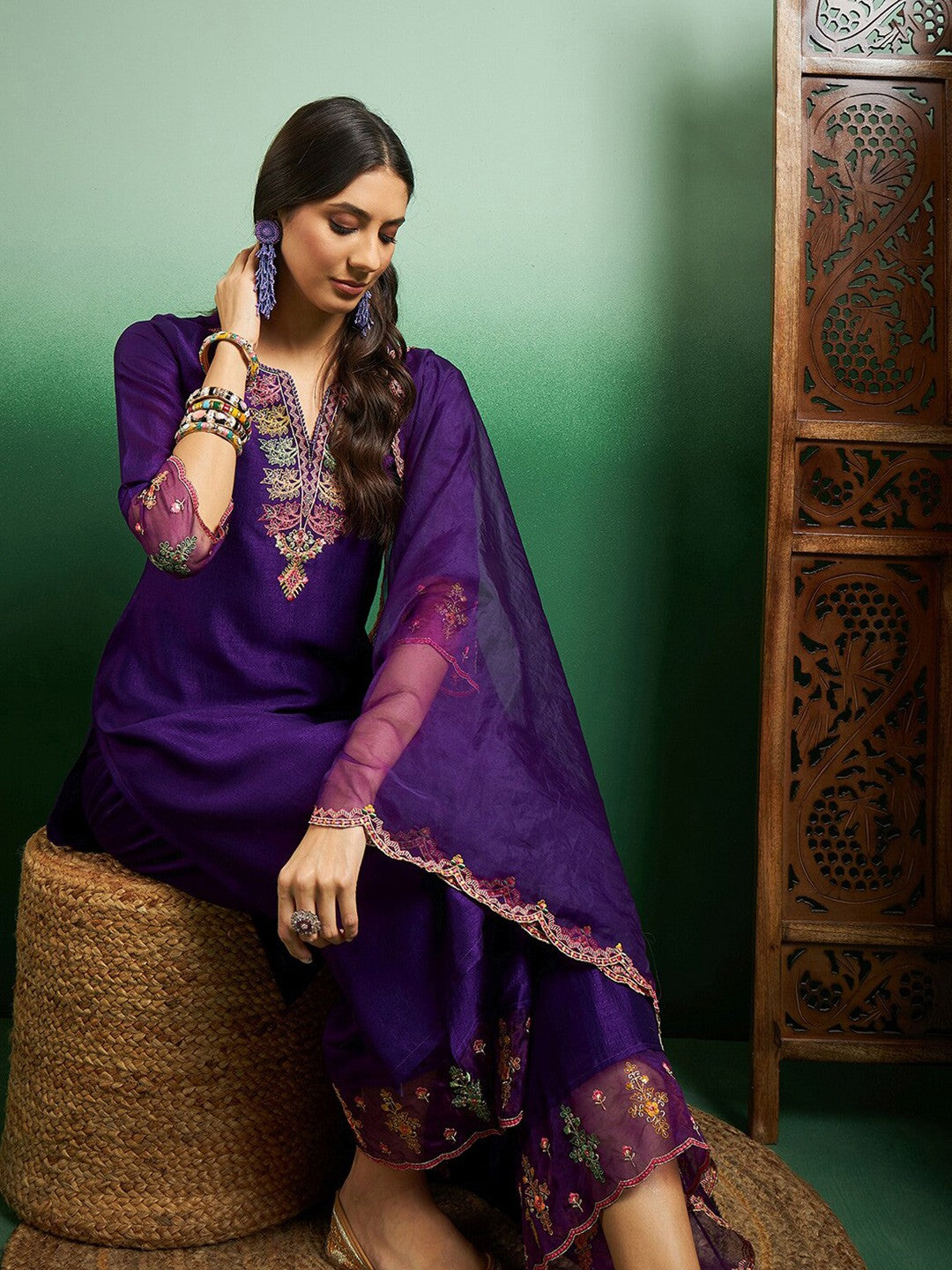 Nooraya Purple Embroidered Chanderi Suit Set