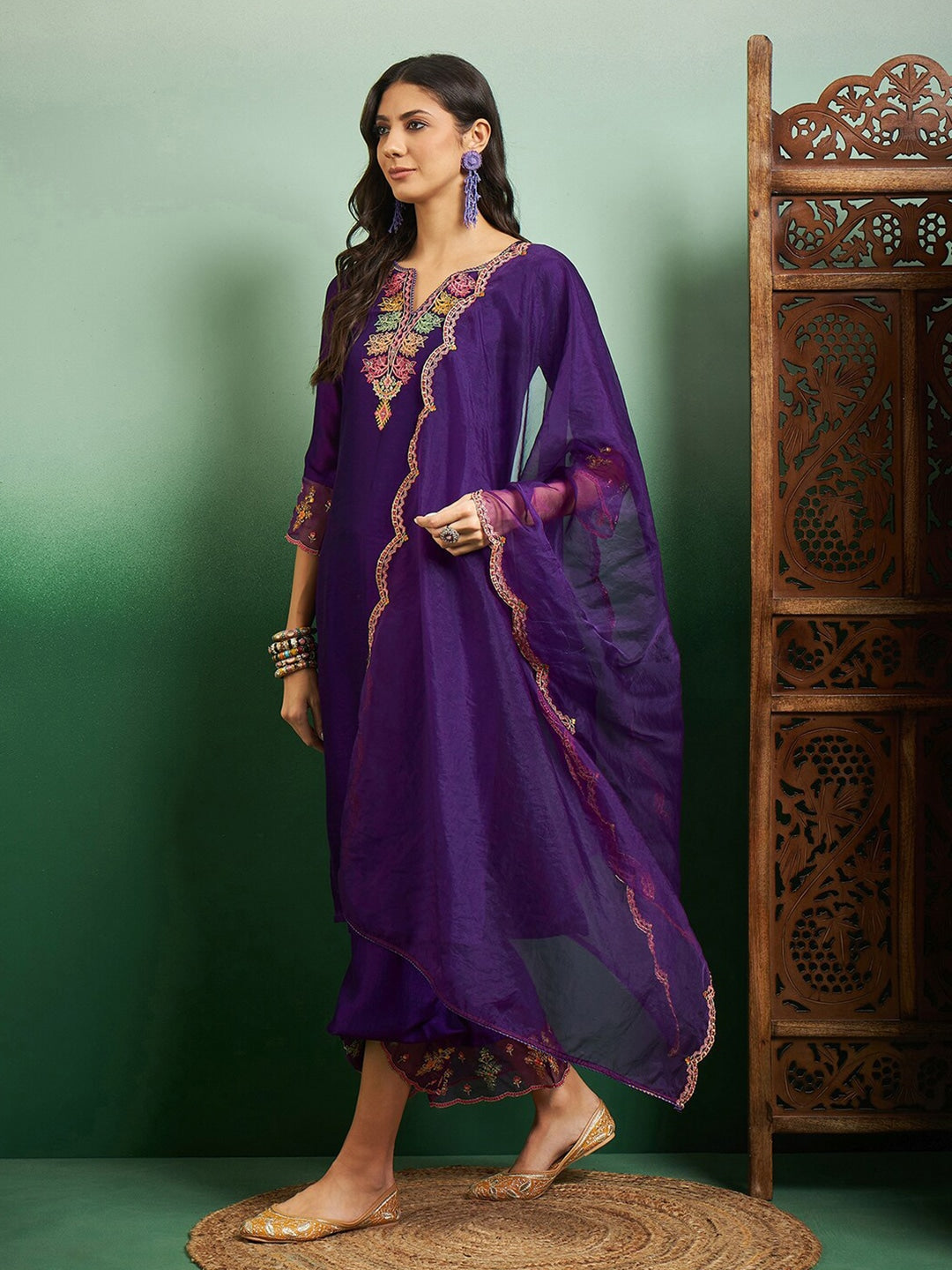 Nooraya Purple Embroidered Chanderi Suit Set